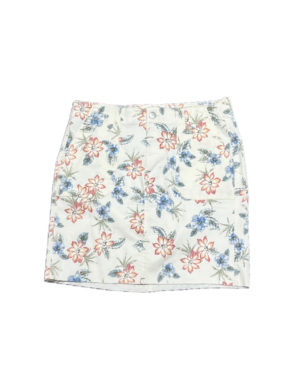 Women’s Floral Jean Skirt - White with Blue & Coral Flowers